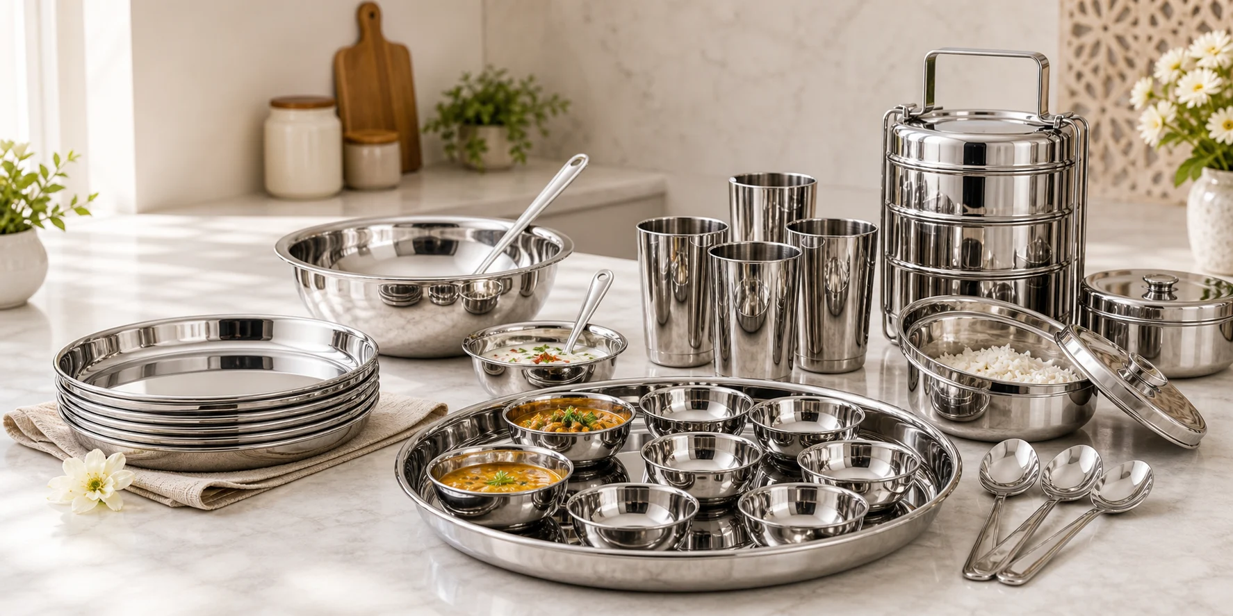 Polished stainless steel dinner set and tableware for family dining