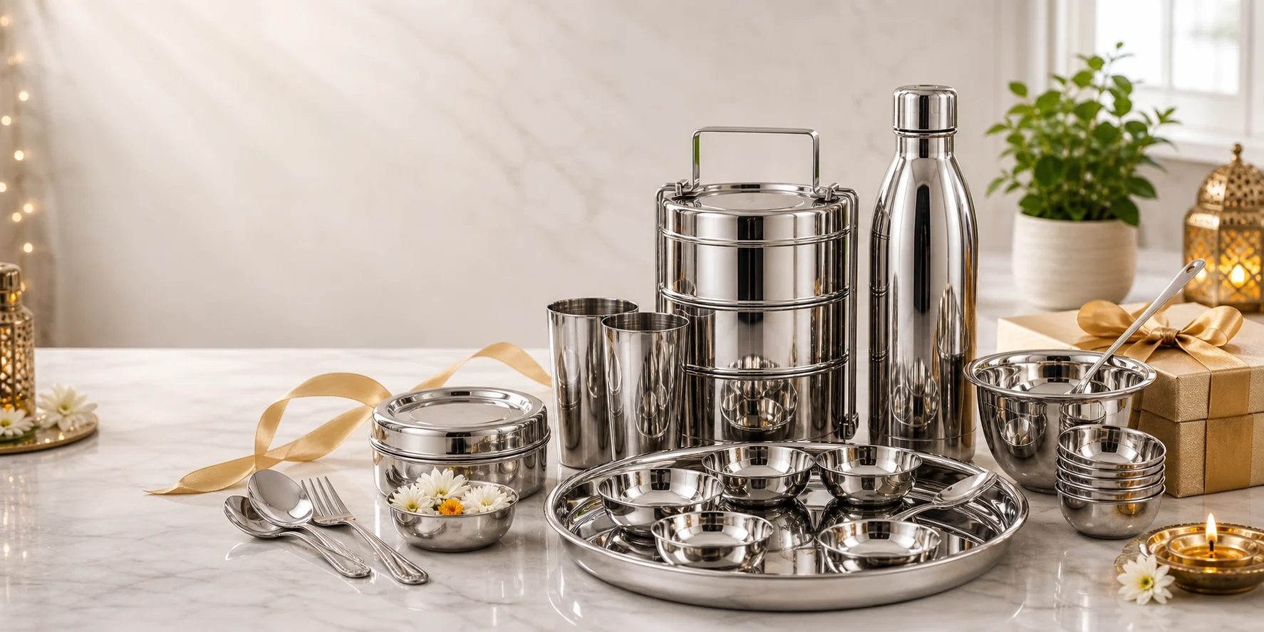 Festive polished stainless steel gift set with bottles, tiffins, bowls, and tumblers