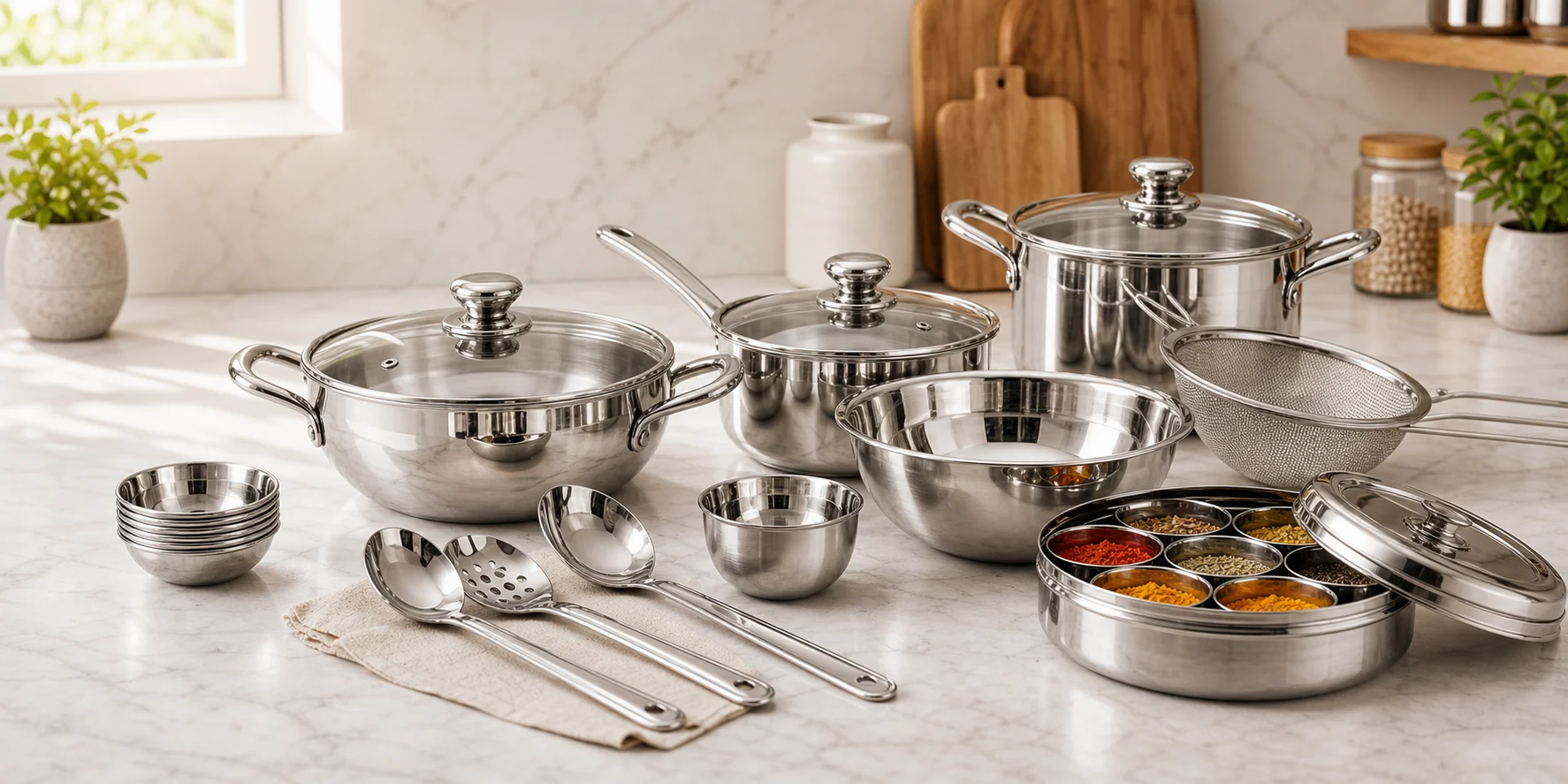 Polished stainless steel cookware and kitchen essentials arranged on a bright kitchen counter