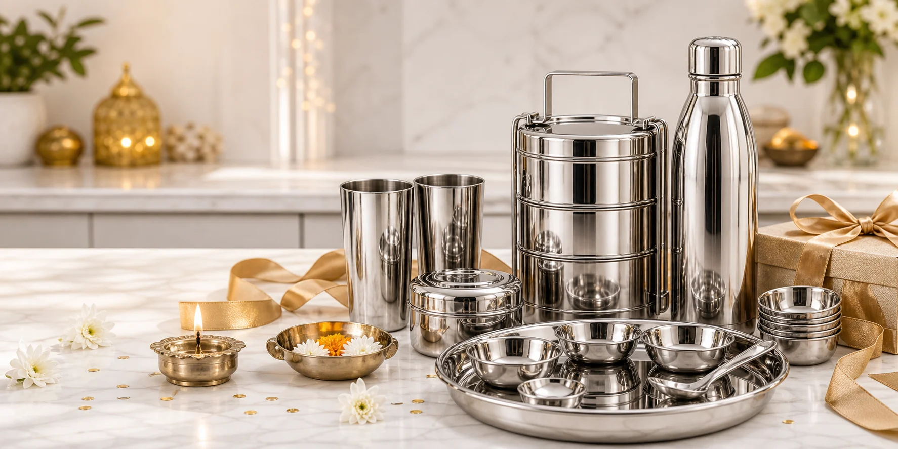 Seasonal gifting display of polished stainless steel bottles, tiffins, tumblers, and dinnerware