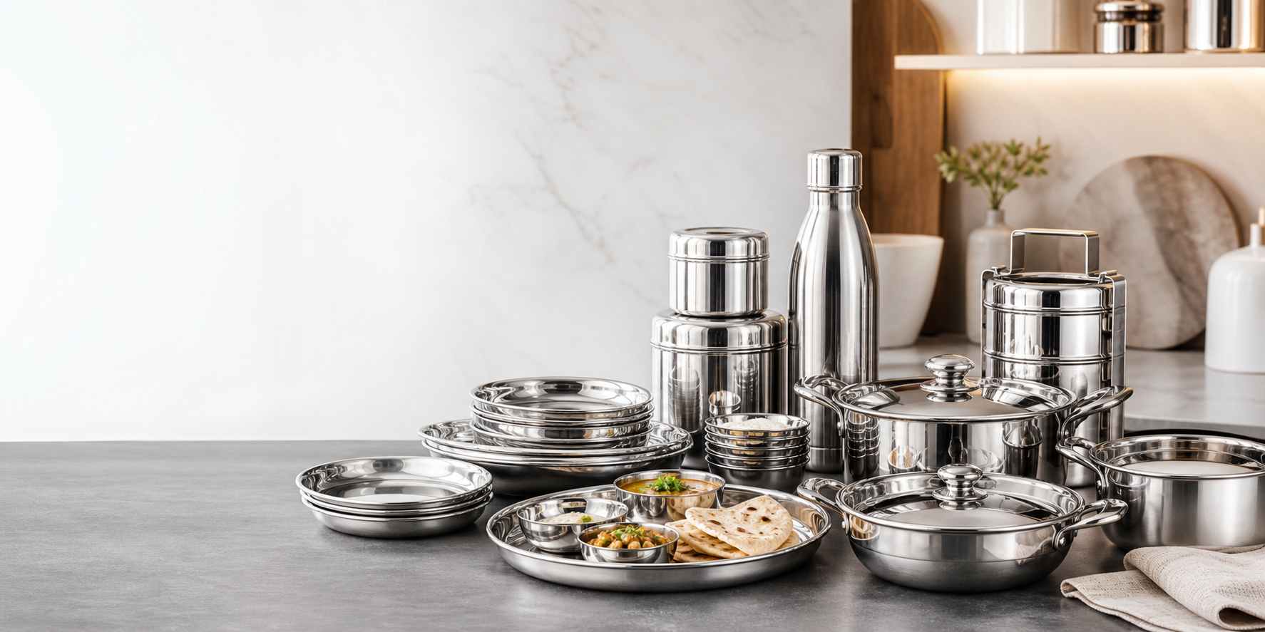 Premium stainless steel cookware, tableware, tiffin, bottle, and storage containers